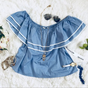 Haute Monde Women blue ruffle off shoulder top